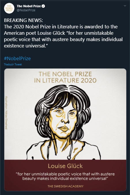 Louise Glück, ganadora del Premio Nobel de Literatura 2020