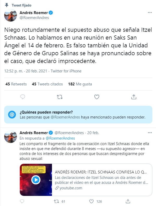 Andrés Roemer niega acusaciones de Itzel Schnaas