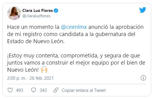 CEE aprueba candidatura de Clara Luz Flores al gobierno de Nuevo León