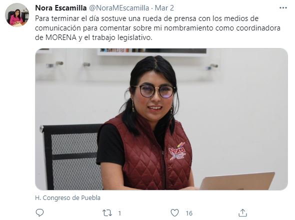 Nora Merino agradece a Morena por impulsar liderazgo femenino en Congreso de Puebla