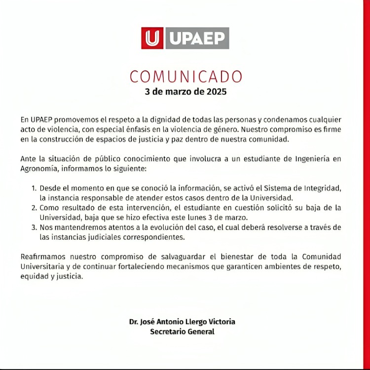 UPAEP responde a agresiones estudiante a novia