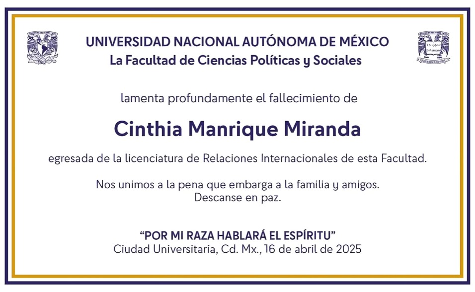 UNAM lamenta feminicdio de Cinthia Manrique