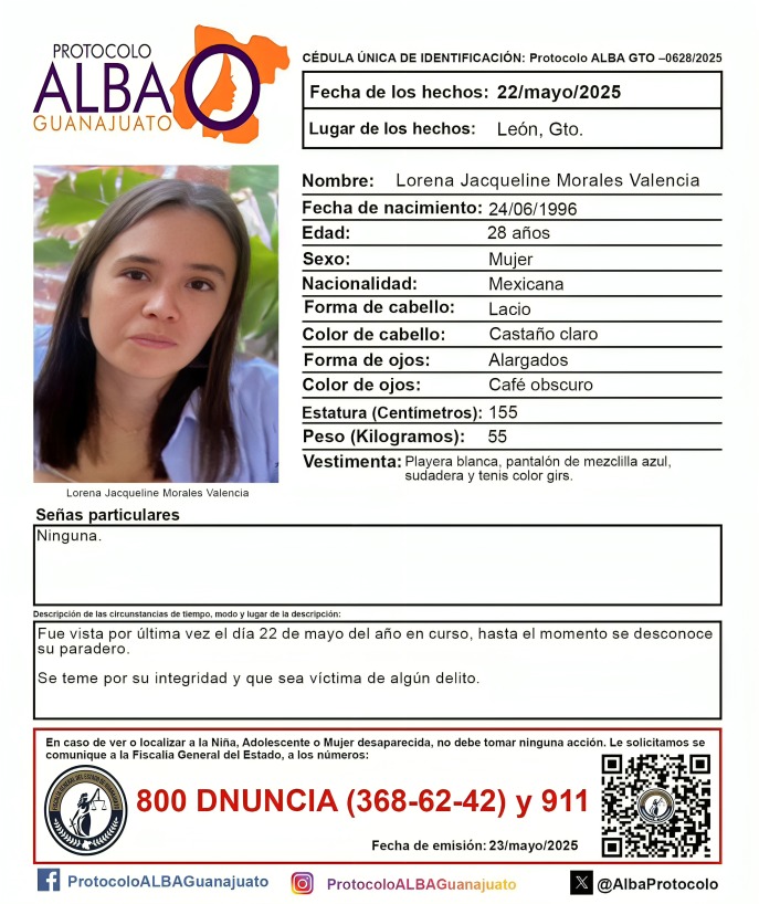 Reportan desaparición de Lorena Jaqueline en Guanajuato